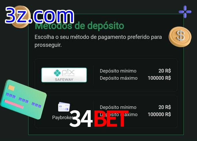 O cassino 34Bet oferece uma grande variedade de métodos de pagamento